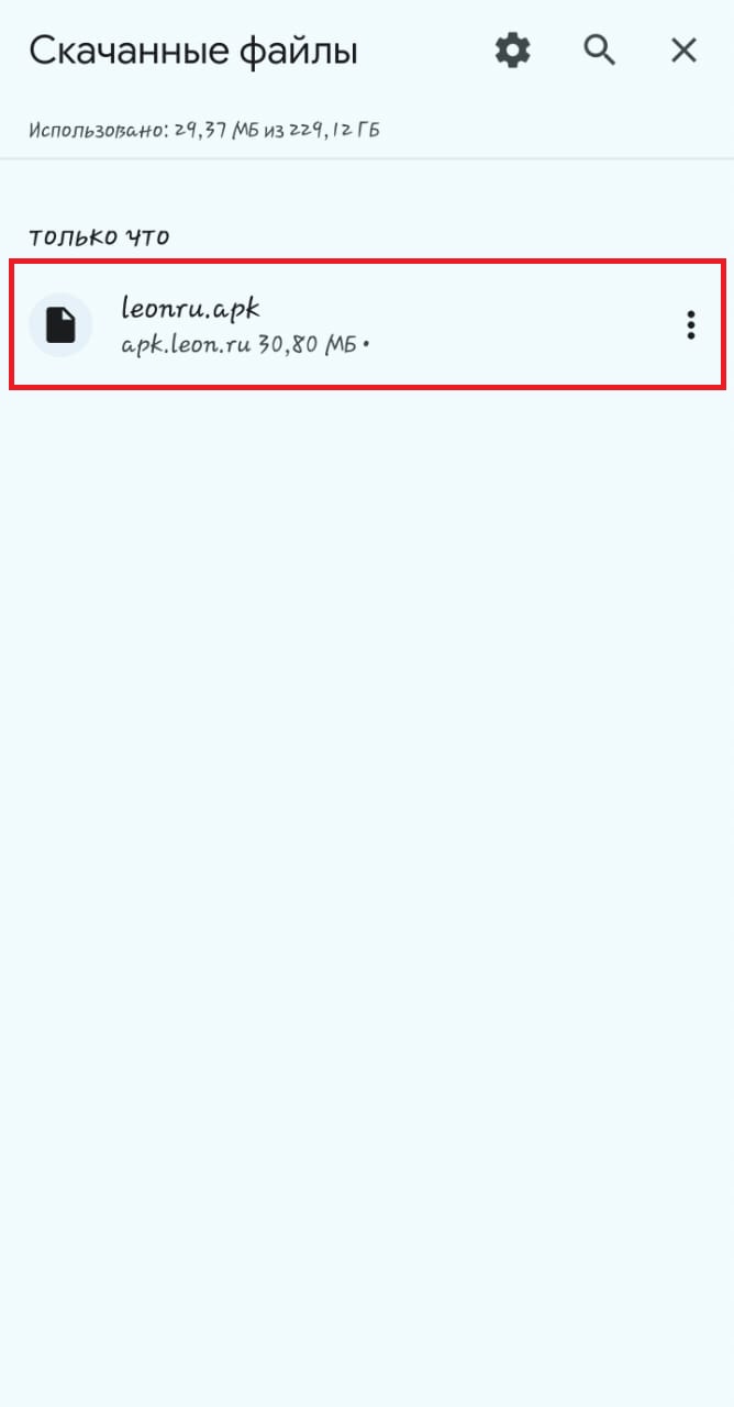 Скаченный файл для установки приложения Леон